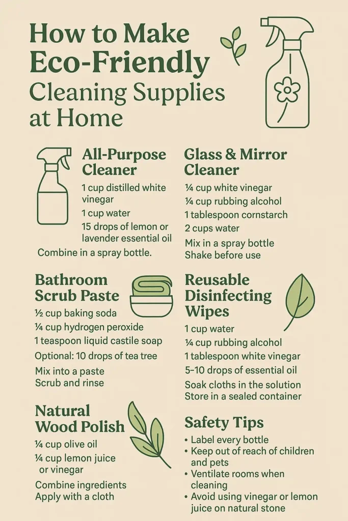 How to Make Eco-Friendly Cleaning Supplies at Home' with recipes for five homemade natural cleaners and safety tips, in green and beige design