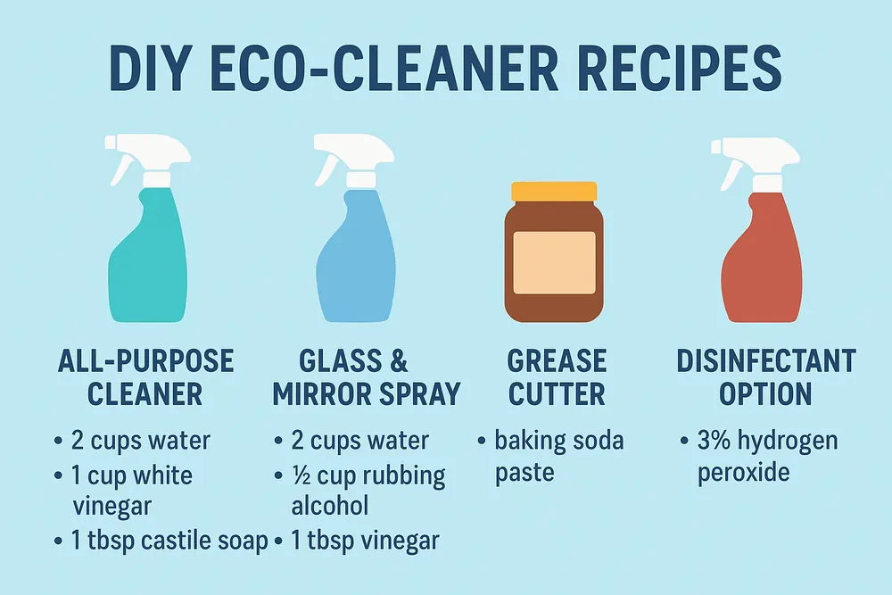 Infographic showing four DIY eco-cleaner recipes: all-purpose cleaner, glass & mirror spray, grease cutter, and disinfectant option.